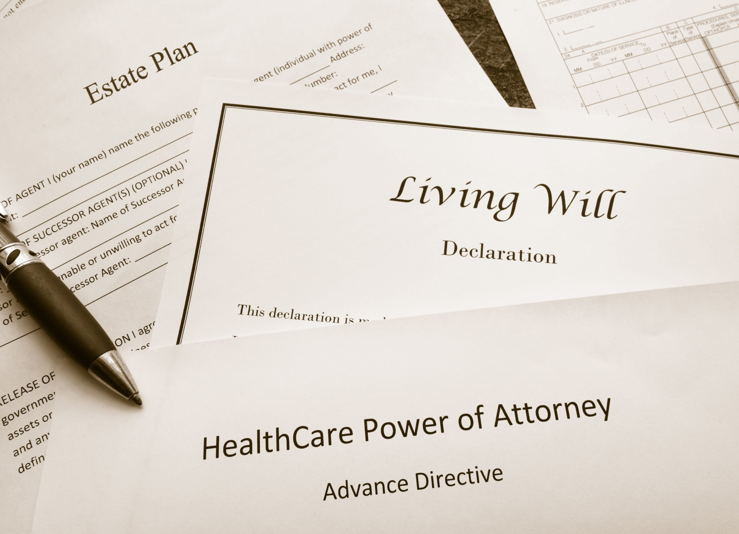 some papers that say "will" and "power of attorney"
